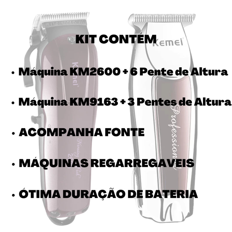 Kit Barbeiro Maquina Corte Profissional Kemei 2600 + Km9163 Maquina Cortar Cabelo - Giga store