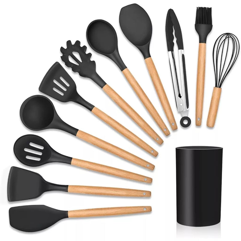 KIT de Utensílios Para Cozinha em Silicone e madeira, 12 Peças - Giga store