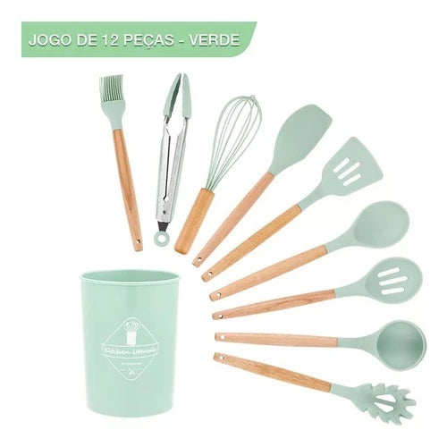 KIT de Utensílios Para Cozinha em Silicone e madeira, 12 Peças - Giga store