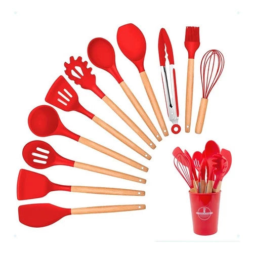 KIT de Utensílios Para Cozinha em Silicone e madeira, 12 Peças - Giga store