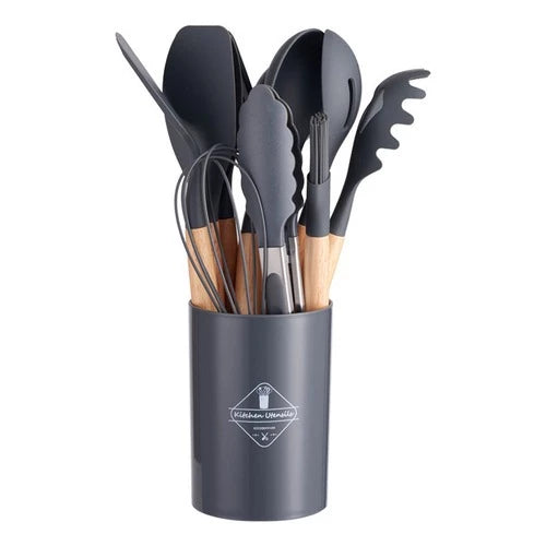 KIT de Utensílios Para Cozinha em Silicone e madeira, 12 Peças - Giga store