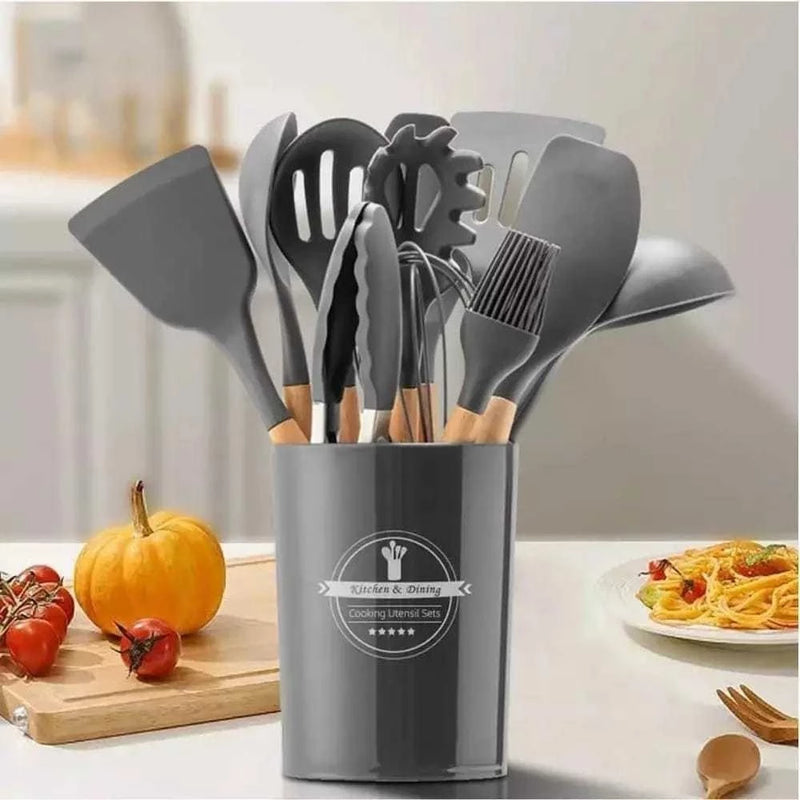 KIT de Utensílios Para Cozinha em Silicone e madeira, 12 Peças - Giga store