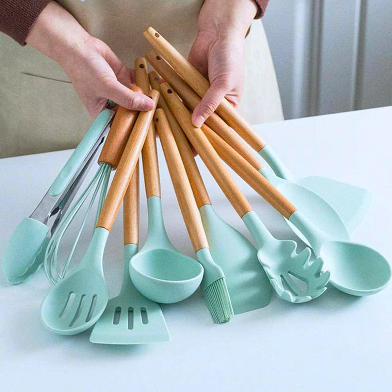 KIT de Utensílios Para Cozinha em Silicone e madeira, 12 Peças - Giga store