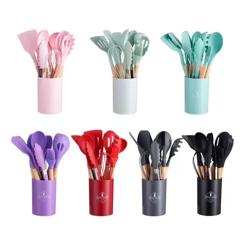 KIT de Utensílios Para Cozinha em Silicone e madeira, 12 Peças - Giga store