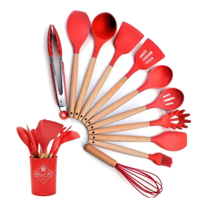 KIT de Utensílios Para Cozinha em Silicone e madeira, 12 Peças - Giga store