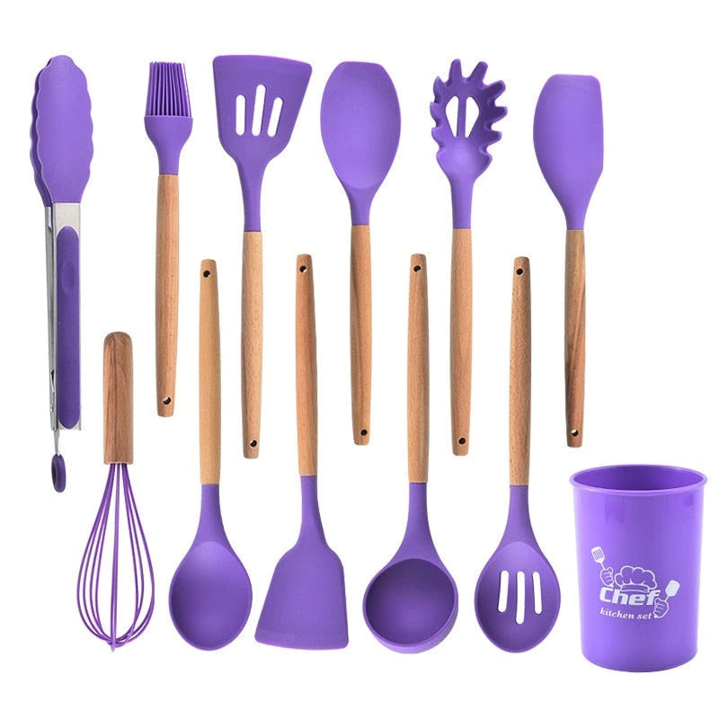 KIT de Utensílios Para Cozinha em Silicone e madeira, 12 Peças - Giga store